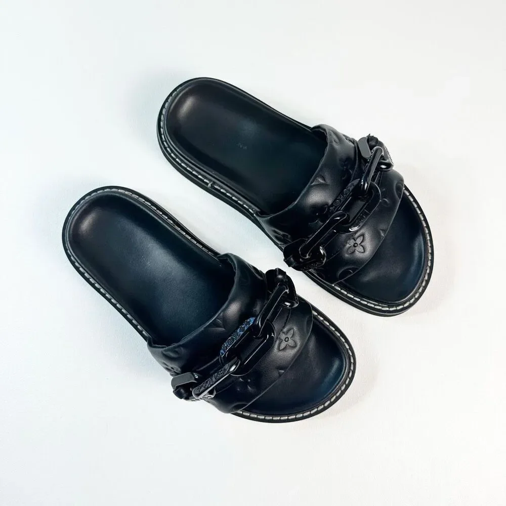 LOUIS VUITTON Sunset Flat Comfort Mule Slide Sandal Size 39 Black Monogram